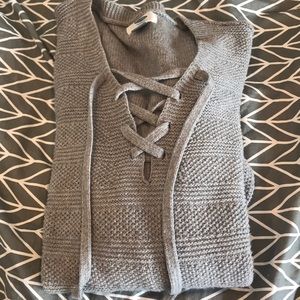 Waffle-knit, lace front sweater